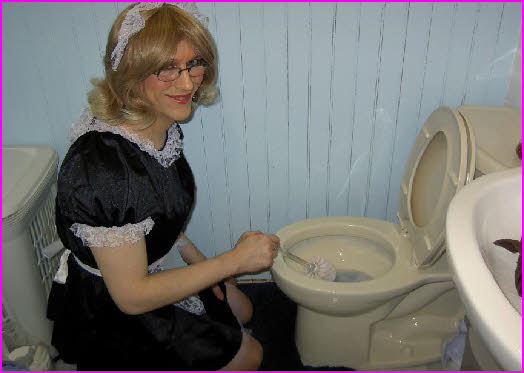 Sissy Janey is forced to clean the toilet dressed in his French maid uniform