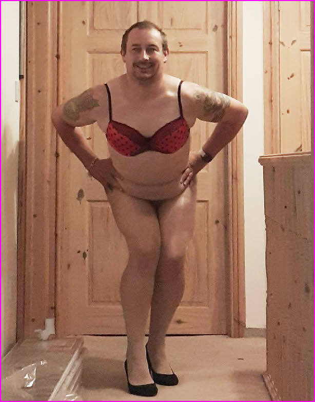 Welsh sissy Catrin exposed without a wig in just his bra and knickers