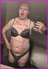 Sissy loser Maddison covers his flesh with degrading body writing