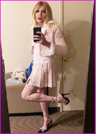 Effeminate pansy feminised in a cute pink pleated skirt and cardigan