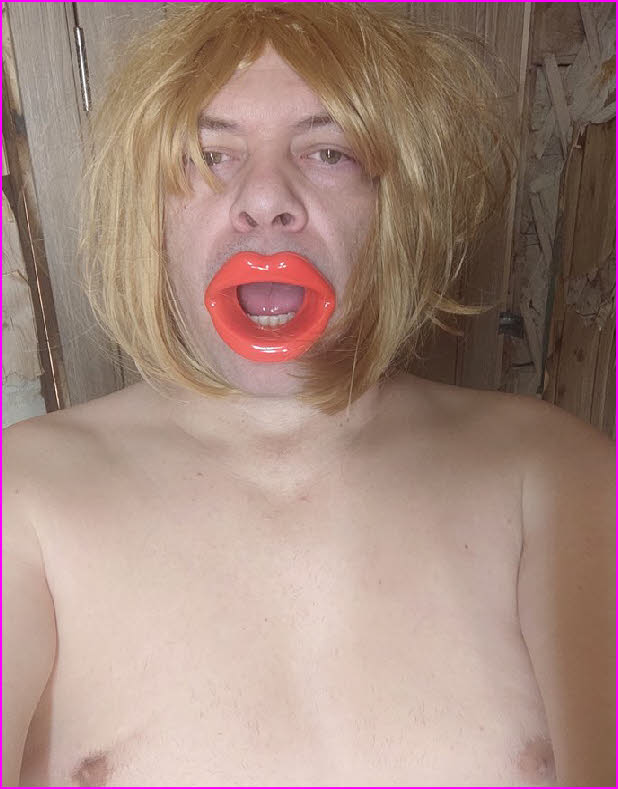 Exposed sissy whore Olga wearing rubber blowjob lips