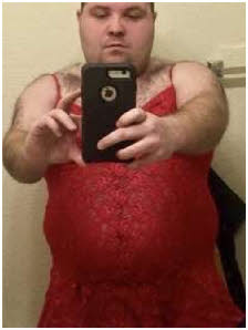 Sissy loser Mark cross-dressing in red nightdress