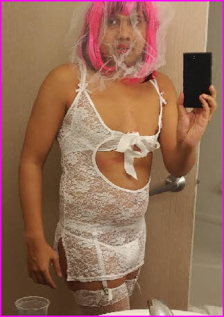Loser husband Sophia wearing white bridal lingerie