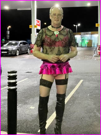 Loser husband Jeffrey Mitchell cross-dressing in public in tiny pink skirt
