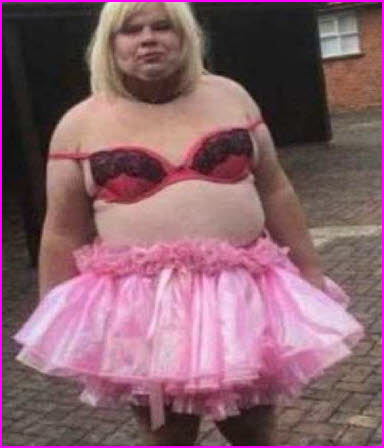Dumb blonde sissy loser Inge in red bra and pink tutu