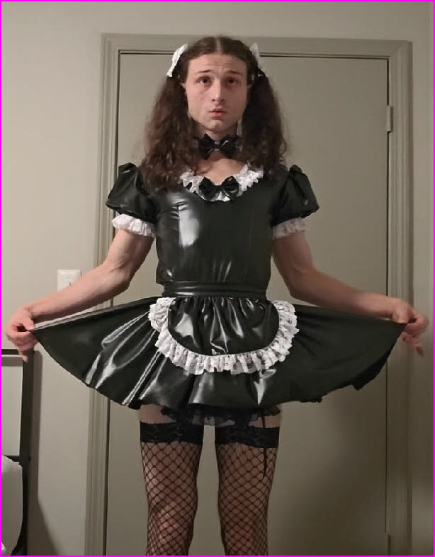 Dumb sissy maid Jane practices her curtsey in shiny latex uniform