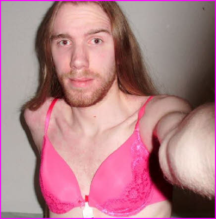 Dumb bearded sissy Emily takes a selfie in a pink bra