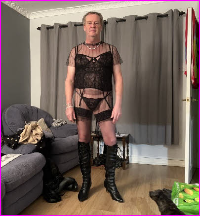 Sissy slut Jenny failing as a male in slutty black lingerie and stockings