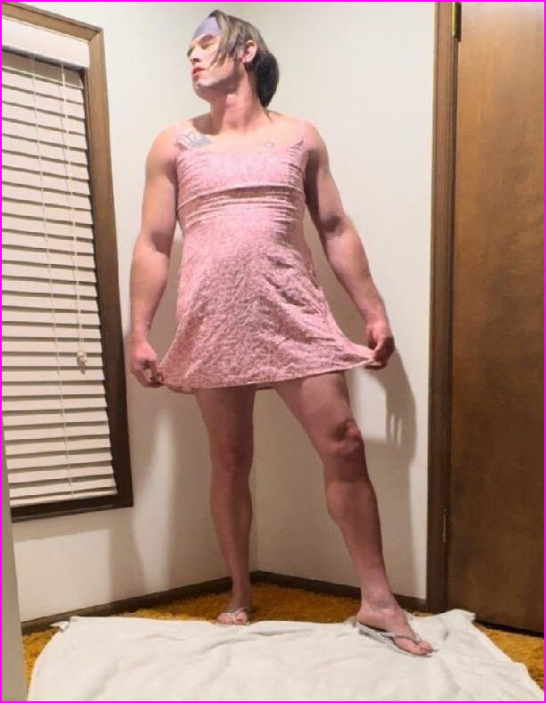 Humiliated sissy husband Sammi from Ohio dressed in a shameful pink frock