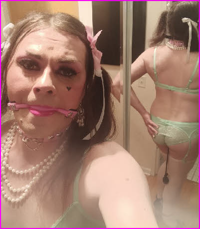 Gagged sissy exposed in green bra and knickers Gagged sissy exposed in green bra and knickers