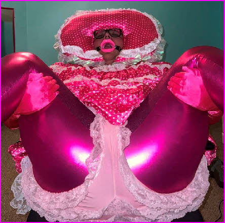 Ruined sissy Pink Shiny Bitch wearing pink frilly knickers and a fairy frock Ruined sissy Pink Shiny Bitch wearing pink frilly knickers and a fairy frock